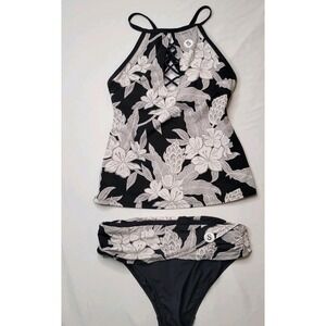Bleu Rod Beattie Tankini Set Womens 4 Black White Floral Lace Up Halter Swimsuit